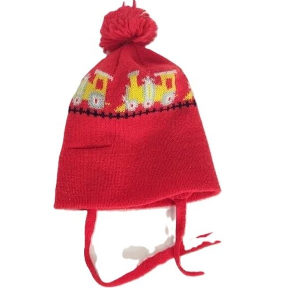 Vintage Choo Choo Train Knit Hat Pom Pom Red Model Toy - Picture 1 of 6